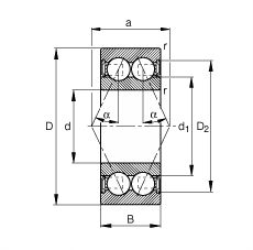 角接觸球軸承 3008-B-2RSR-TVH, 雙列，雙側(cè)唇密封，接觸角 α = 25°